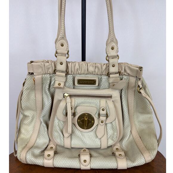 Lockhart Handbags - Vintage Lockhart Cream Leather Large Handbag Snakeskin Details Multi Pocket Bag